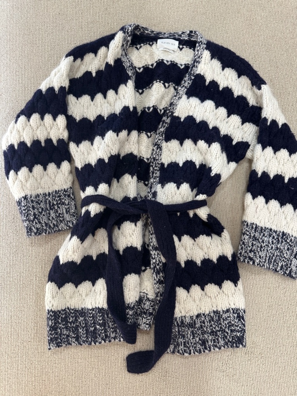 Eleven Six Navy and Cream Striped Knit Belted Cardigan alpaca xs small